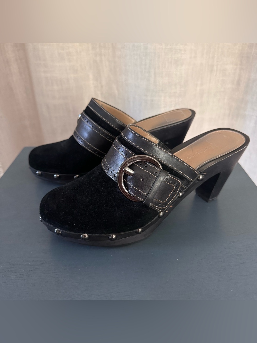 Liz Clairborn black suede heeled clogs ith silver buckle size 6